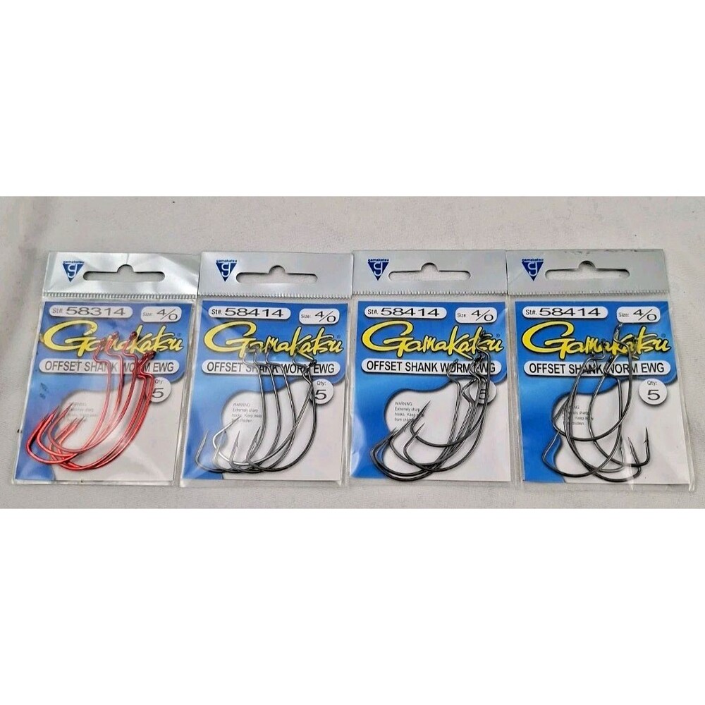 Gamakatsu Offset Shank Worm EWG Hooks-SZ 4/0-x3 Black/x1 Red-4 Packs, 20 Hooks